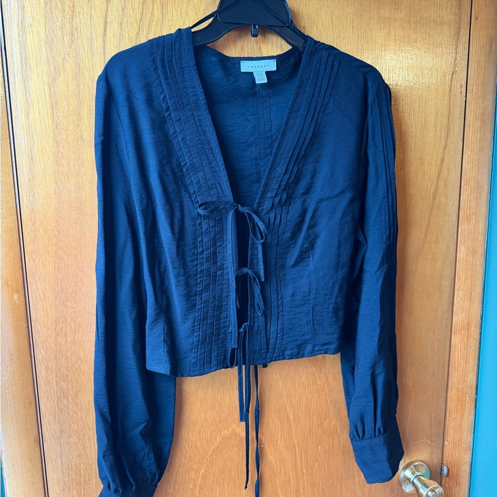 TOP SHOP Black Tie-Front Long Sleeve Top